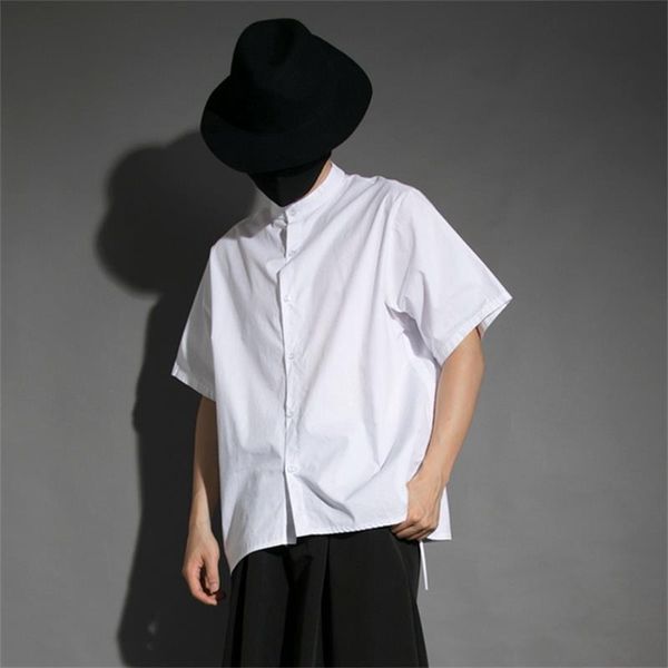 

summer thin yamamoto style fashion simple personality pleated stand-up collar loose short-sleeved white shirt for men men's casual shir, White;black