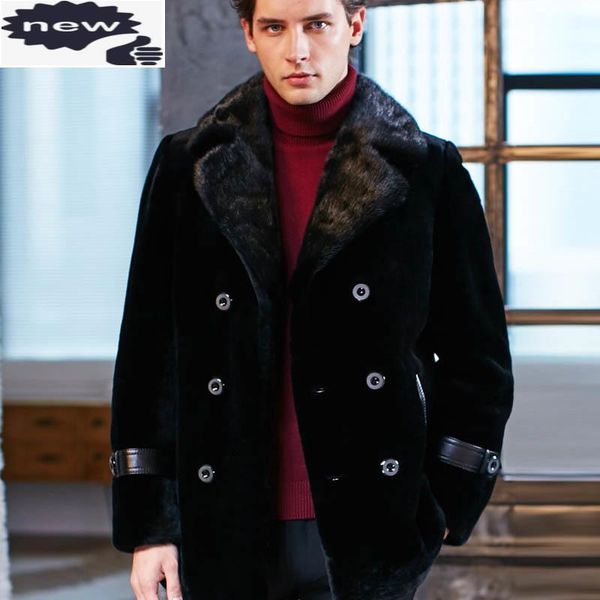 

men's leather & faux business men winter work luxury raccoon collar slim fit real fur jacket warm lamb wool coat chaqueta cuero hombre, Black