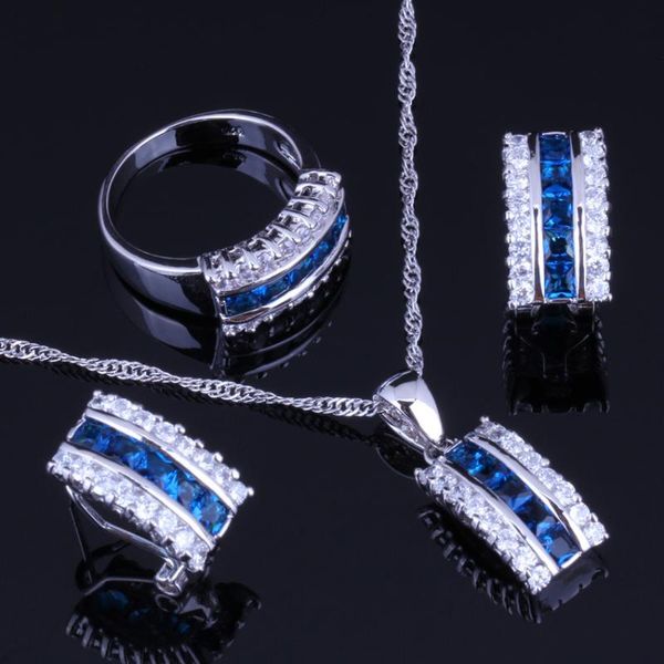 

earrings & necklace gracious blue cubic zirconia white cz silver plated jewelry sets pendant chain ring v0005