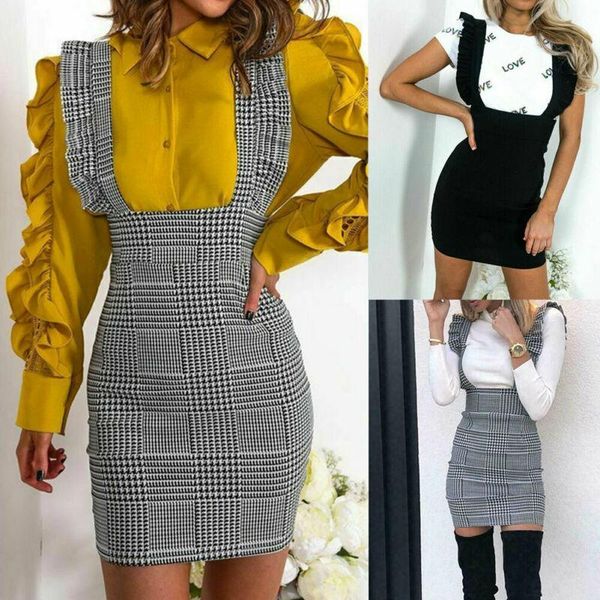 

skirts women's braces skirt suspender check frill ruffle trim pinafore, Black