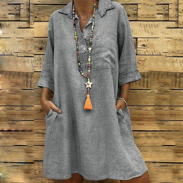 

casual dresses 3/4 sleeve pocket button dress women's solid boho turn-down collar summer vestidos elbise clothes, Black;gray