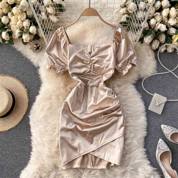 

summer style retro fashion solid color vestidos female v-neck bubble short-sleeved thin fold irregular mini dress gk019 210506, Black;gray