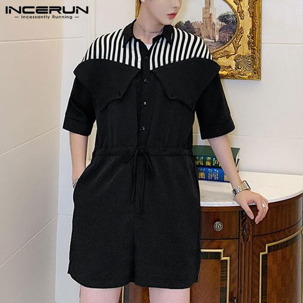 

men's pants incerun summer fashion men rompers 2021 patchwork loose half sleeve jumpsuit casual lapel overalls streetwear mens s-5xl, Black