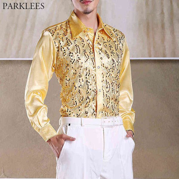 Parlak Altın Pullu Glitter Uzun Kollu Gömlek Erkekler 2019 Yeni Moda Gece Kulübü Parti Sahne Disko Chorus Gömlek Erkekler Için Chemise Homme G0105