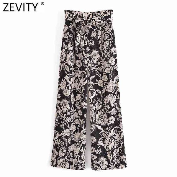 

zevity women vintage totem flower printing high waist bow tied paper pants retro female zipper fly chic long trousers p1032 210419, Black;white