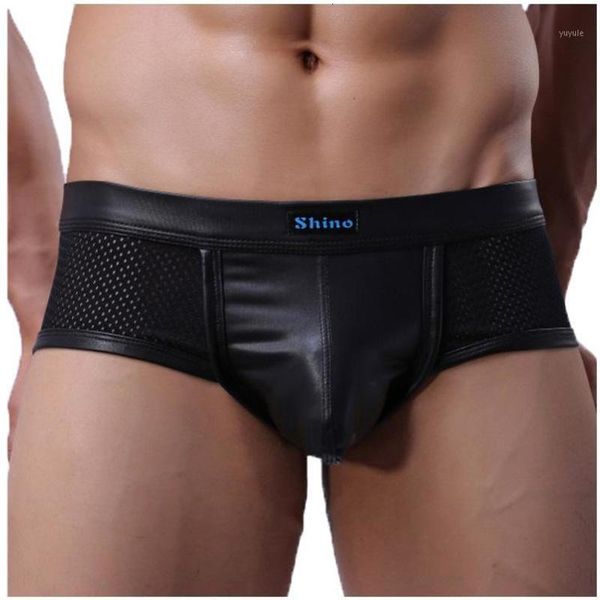 

men gay underwear mesh faux leather boxers shorts man breathable low rise u convex pouch underpants cueca calzoncillo s-l1, Black;white