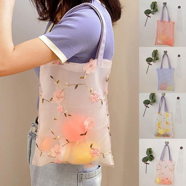 

evening bags female shoppig bag embroidery hand organza casual tote mesh shopping woman handbags