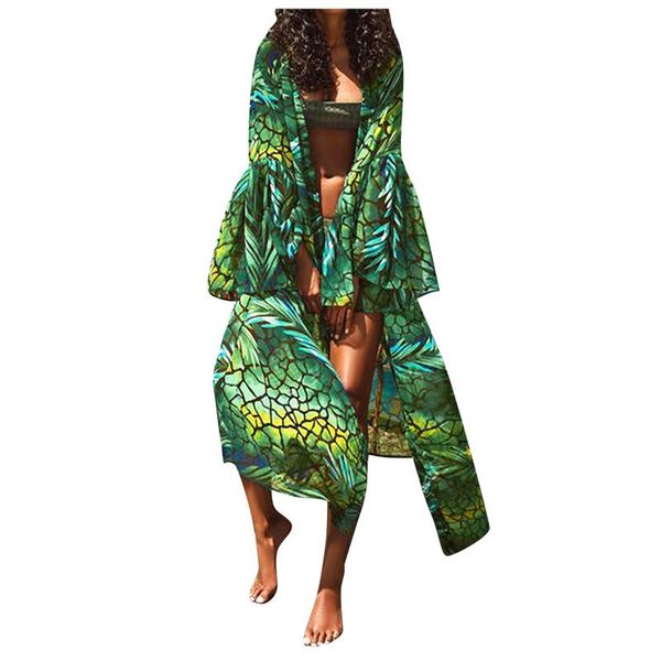 

women's swimwear fashion printing cardigan sunscreen dress summer v-neck lace long sleeve casual beach cover up swimsuit ups robe, White;black