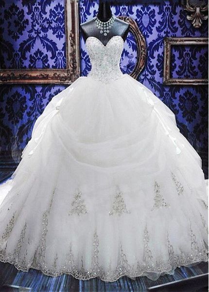 

luxury crystal beaded sweetheart ball gown wedding dress white ivory bow bridal gowns appliques lace cethedral vestidos de noiva mariage plu