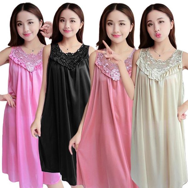 

summer lace ice silk women sleepwear nightdress lingerie sleeveless loose plus size longe nightgown, Black;red