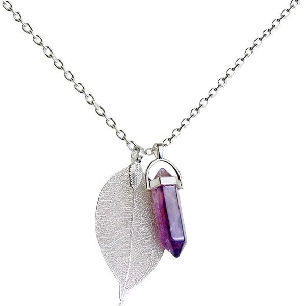 

pendant necklaces purple crystal quartz chakra necklace natural stone boho leaf yoga energy healing jewelry, Silver