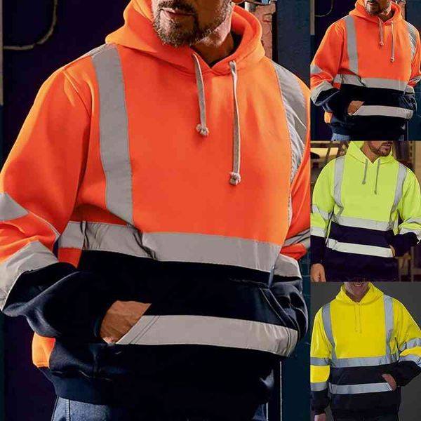

men reflective sweatshirt high visibility pullover long sve hoodie coat, Black