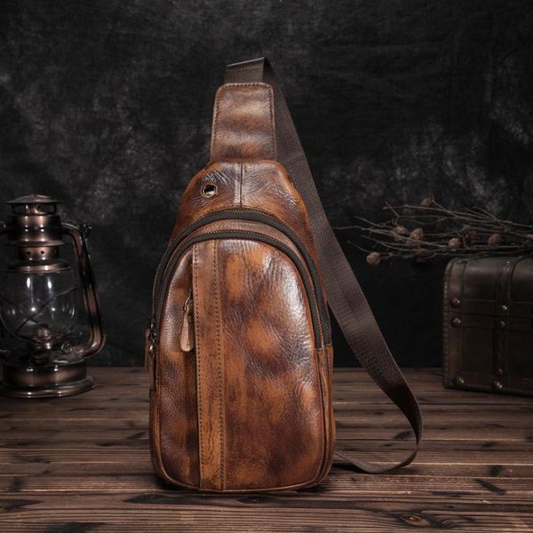 

men leather casual fashion triangle chest sling bag 8" tablet brown travel design one shoulder cross body male 010 bags waist