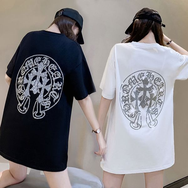 

ch fashion ch cross drill short sleeve t-shirt female 2021 spring and summer new loose medium length for, White
