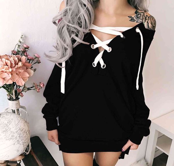 

women bandage crew neck hoodies long sleeve solid autumn long sweatshirt famale casual clothes, Black