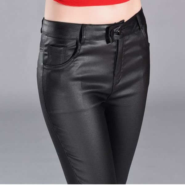 

women's pants & capris 2021 women autumn spring female leggings vintage faux leather slim high waist casual ladies woman trousers, Black;white