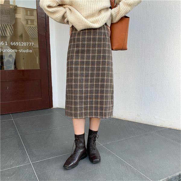 

streetwear plaid plus size fashion female geometric ol elegant vintage high waist retro skirt long skirts 210421, Black