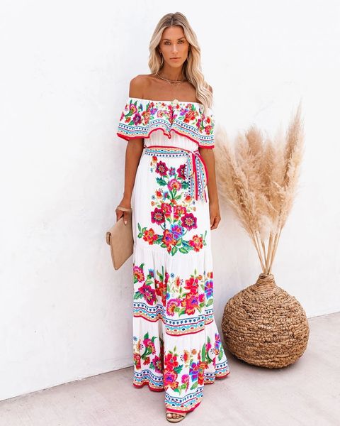 

factory38lq shoulder swing dress with new print in long spring and summer 2021, White;black