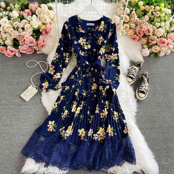 

dresses autumn winter vintage flower printed lace patchwork midi dress women casual v-neck long sleeve pleated vestidos female fashion, Black;gray