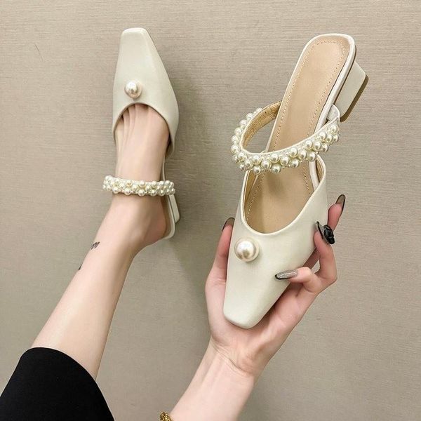 

female shoes string bead med slippers women summer luxury slides square heel cover toe mules loafers 2021 designer block, Black