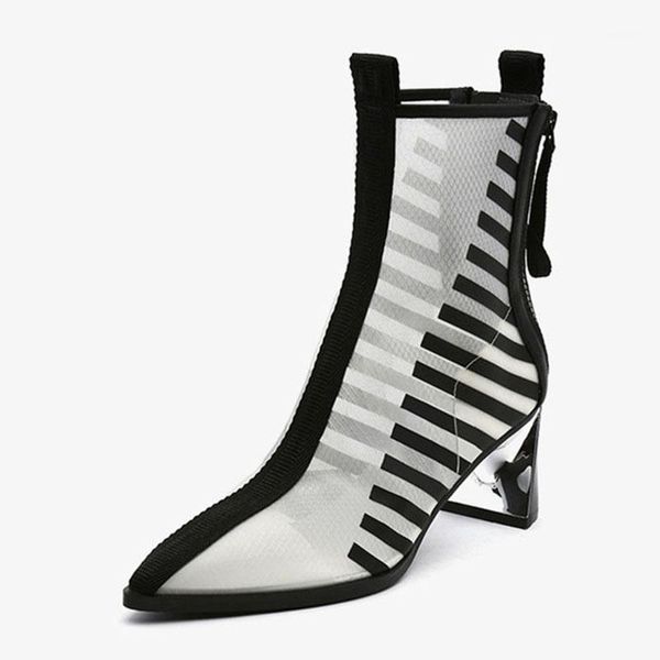 

summer boots breathable mesh pointed toe short booties fashion women pumps 6 cm high heels spring white black1, Black
