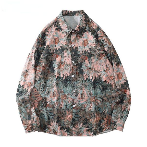 

men's casual shirts streetwear fancy men graffiti daisy flower painting print blouse hip hop harajuku fashion loose long sleeve, White;black