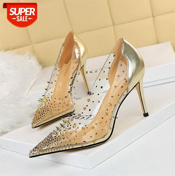 

7818-5 european and american style metal rivet stiletto high-heeled shallow mouth pointed transparent rhinestone stitching hollow #gh58