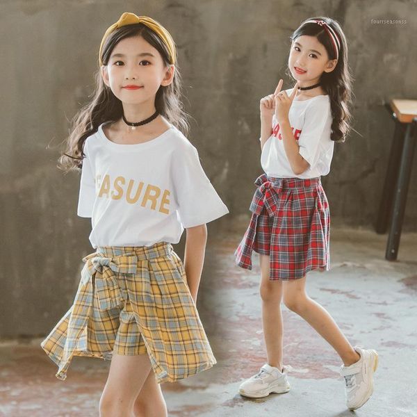 

clothing sets girls summer clothes suit 2021 fashion for kids short sleeve outfits 8 9 10 year child plaid1, White