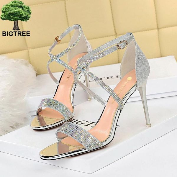 

sandals bigtree shoes open toe women's sequin cloth high heels rhinestone women 2021summer sandal stiletto female, Black
