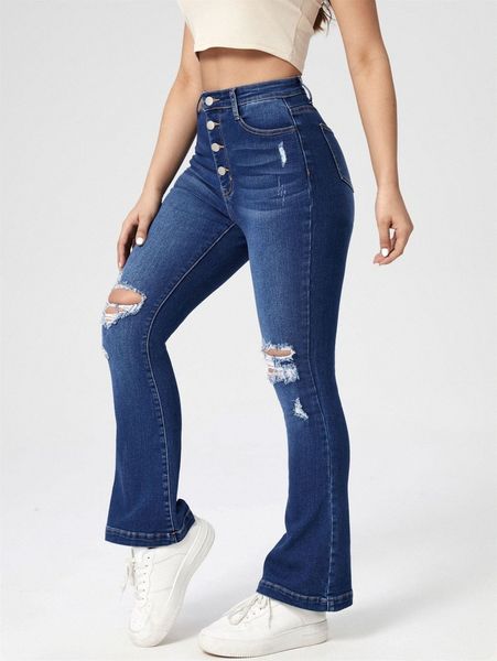

high waisted ripped button up bootcut jeans 01v4#, Blue