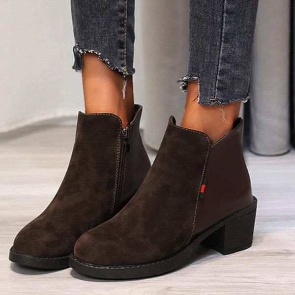 

boots winter suede ankle for women zipper patch flock platforms square root high heels solid color warm leather short, Black