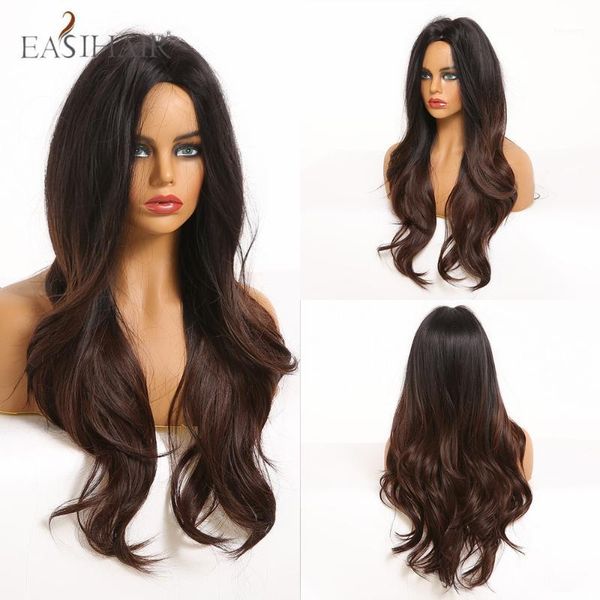 

long synthetic wavy wig black to dark brown ombre hair for women cosplay natural heat resistant wigs1