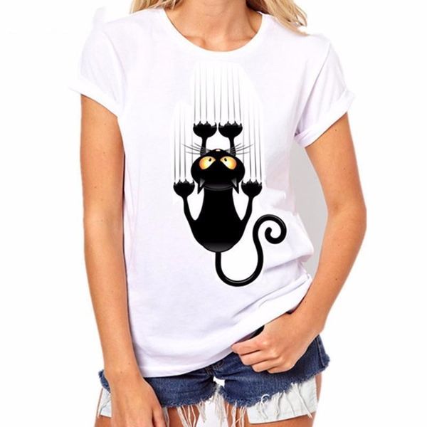 

brand clothing summer women t shirts short sleeve o neck casual funny black cat tees female ladies 100% cotton, White