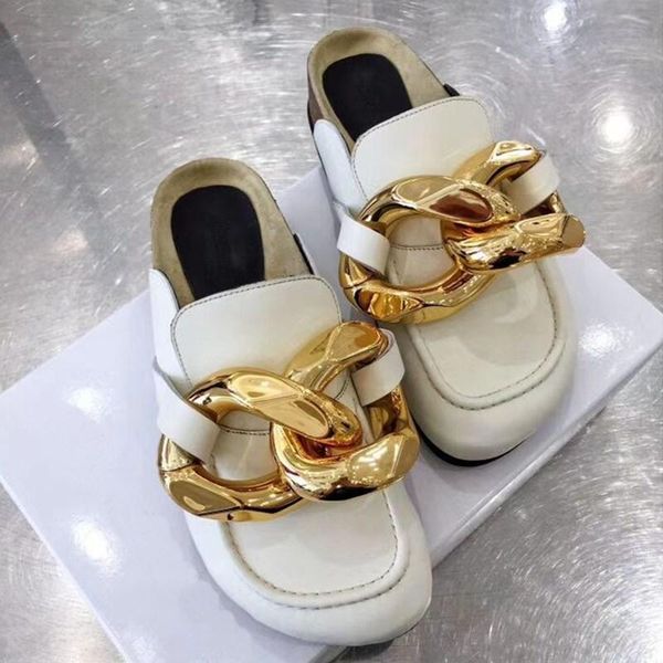 

gold chain decor round toe flat mules lazy loafers shoes women's outdoor genuine leather casual men slippers female, Black