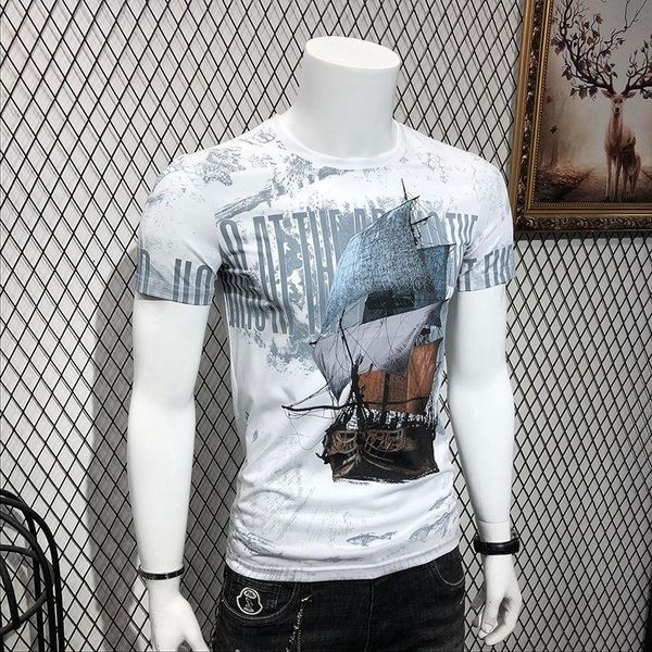 

men's t-shirts 2021 short sleeve t-shirt summer printed half cotton round neck slim personality top, White;black