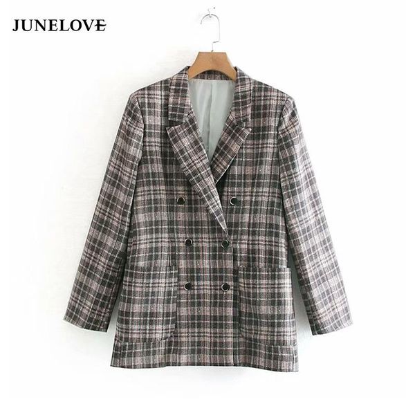 

junelove vintage bouble breasted plaid women blazer pockets jackets female retro suits coat casual feminino blazers outerwears women's, White;black