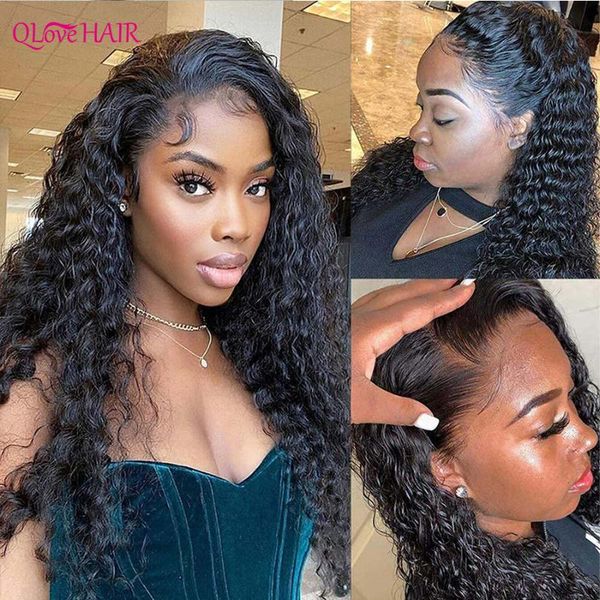

lace wigs qlove hair deep wave frontal wig front human for women wet and wavy curly brazilian, Black;brown