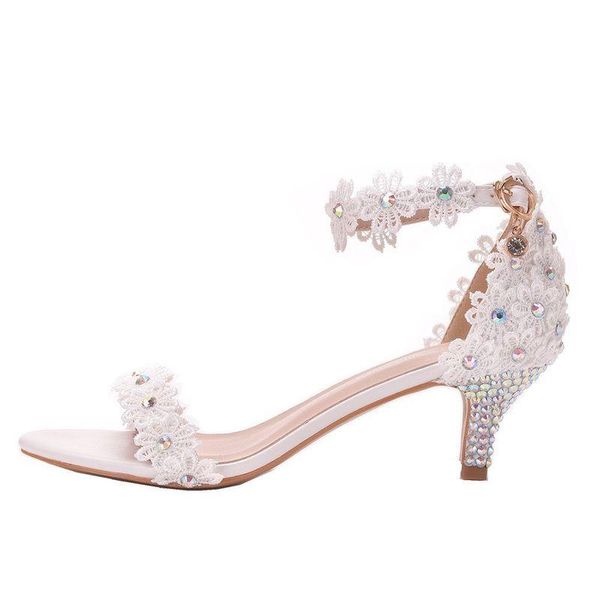 

sandals women wedding party lace pu rhinestones buckle strap 5cm thin high heels round toe sandal for shoes size 35-42, Black