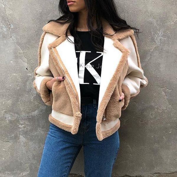 

msaiss women fur luxury warm winter woolen coat fashion sheep jacket stitching, Black
