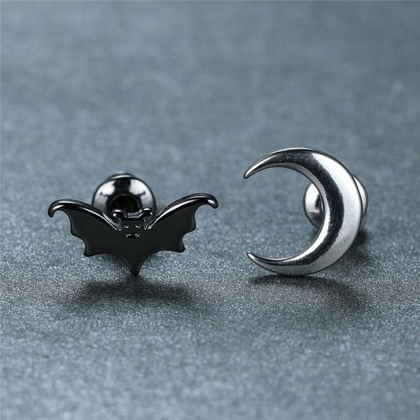 

stud female punk hip hop animal earrings vintage black small bat for women fashion antique silver color moon, Golden;silver