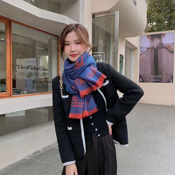 

scarves winter scarf cashmere kpop women's jacquard simple european american generous thickening widened shawl, Blue;gray