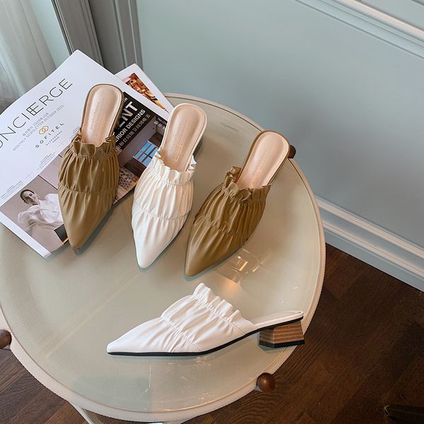 

slippers 2021 design women pointed toe shallow slides thick mid heels casual mules shoes comfortable pumps size 35-39 tvdn, Black