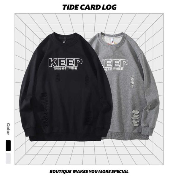 

chaopai autumn winter new products embroidered letters round neck pullover sweater with holes cut off men's and women's bottomed j, Black