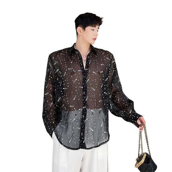 

men's casual shirts male streetwear fashion ins net celebrity sun protection shirt see through breathable thin loose long sleeve, White;black