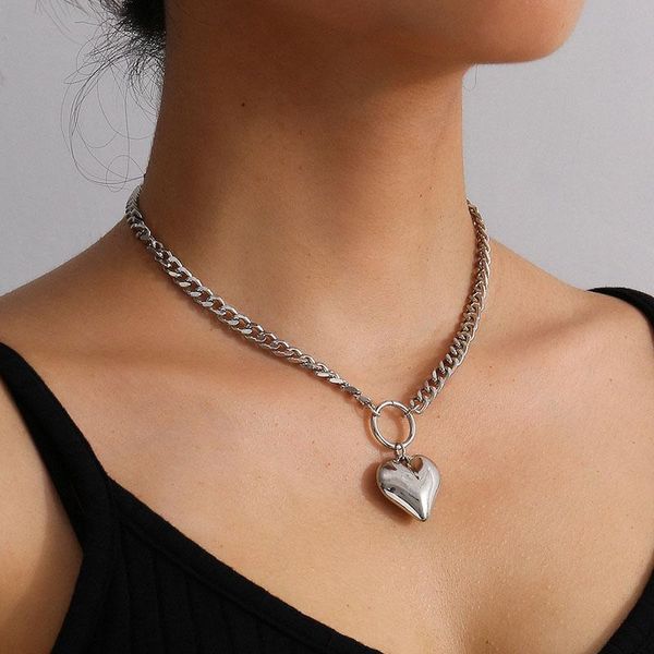 

chic temperament thick chain love heart pendant necklace for women vintage geometric clavicle pendants jewelry kolye necklaces, Silver