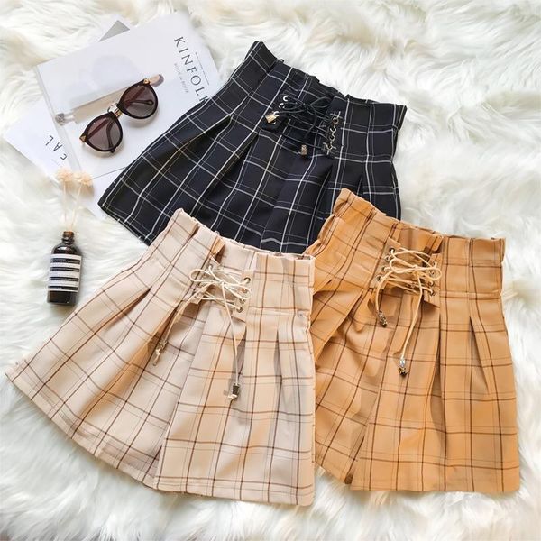 

harajuku women casual shorts summer boyfriend style plaid wide leg woman elastic waist loose short for women's, White;black