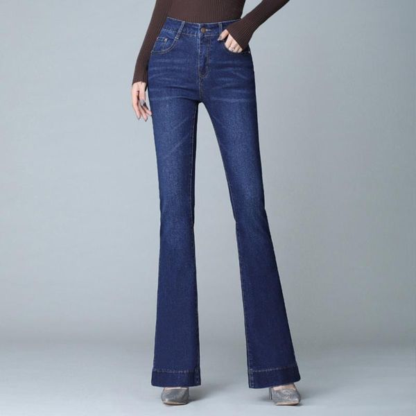 

women's jeans slimming fit flared bootleg big yards high waist soft comfortable cotton stretch flares female plus size s to 6xl, Blue