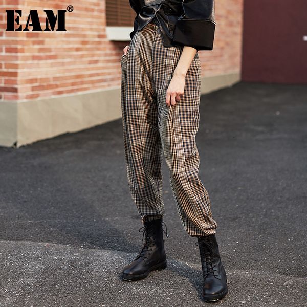 

[eam] high waist plaid split joint long drawstring trousers loose fit pants women fashion spring autumn 1h094 21512, Black;white