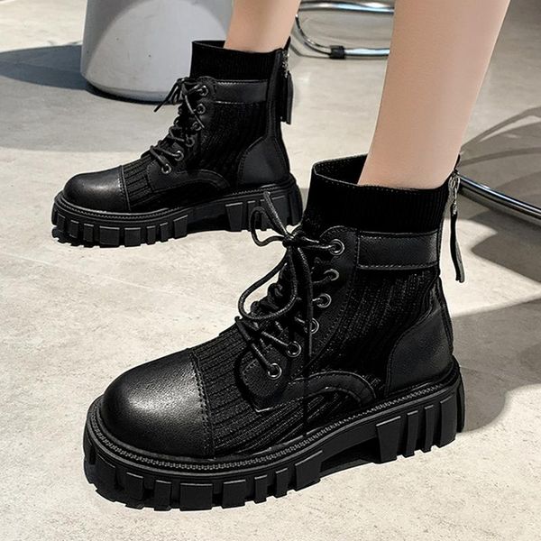 

boots women 2021 winter net red stretch women's casual locomotive thin short fashion stitching rear zipper ankle, Black
