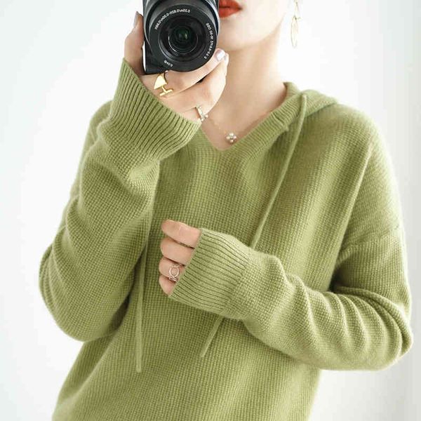 

sweaters autumn winter 100% cashmere hooded sweater women's coat female loose large size knitted girl clothes 6 colors jumpes, White;black
